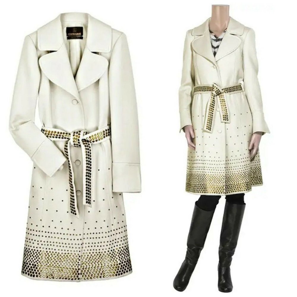 New Rare Roberto Cavalli off White Embellished Wool Trench coat Size 44